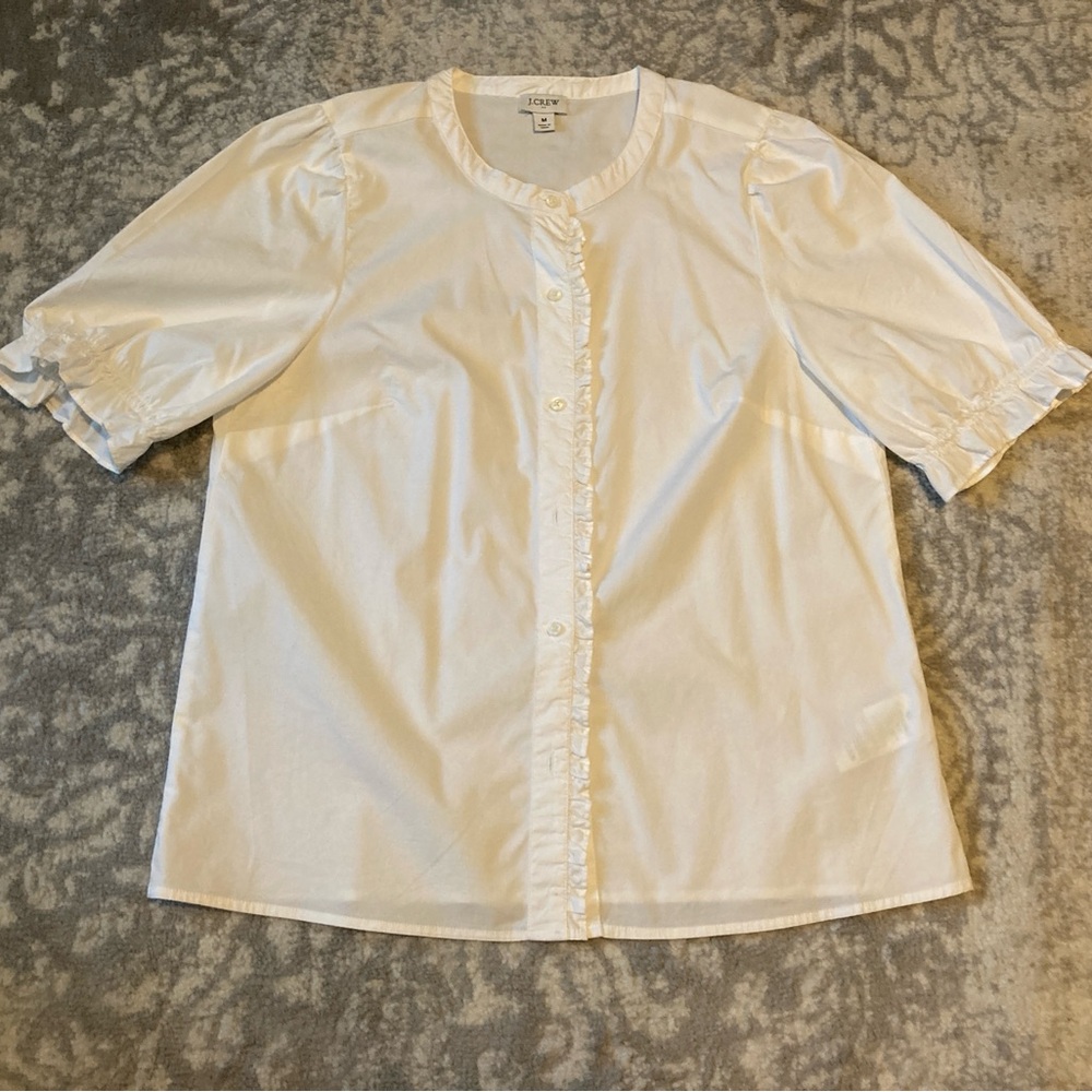 J. Crew White Puff Sleeve Blouse with Ruffles